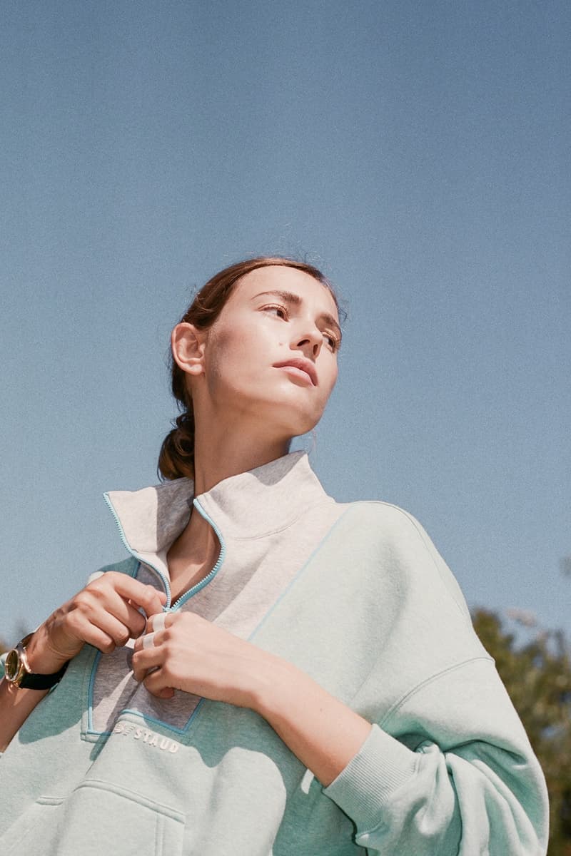 staud new balance activewear collaboration collection 327 sneaker bike shorts leggings