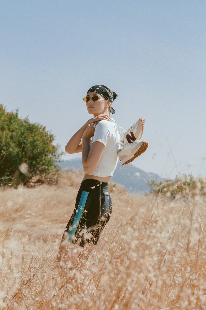 staud new balance activewear collaboration collection 327 sneaker bike shorts leggings