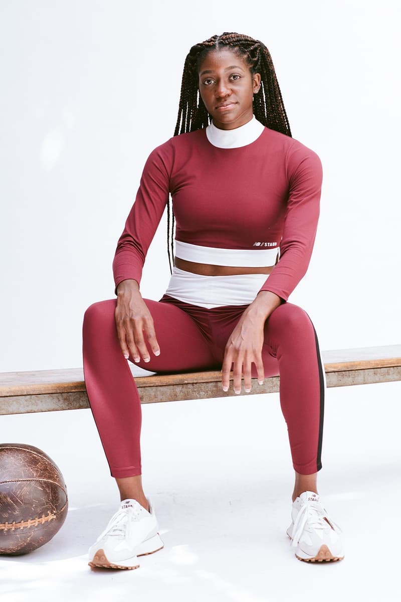 staud new balance activewear collaboration collection 327 sneaker bike shorts leggings