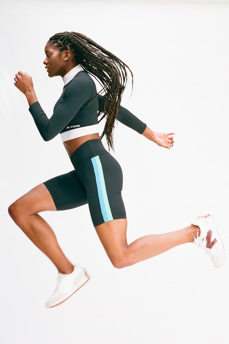 staud new balance activewear collaboration collection 327 sneaker bike shorts leggings