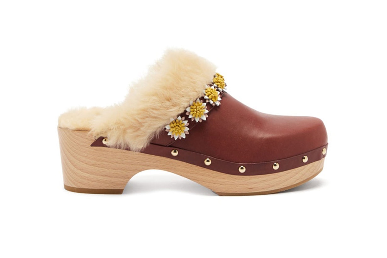 Jean floral-appliqué leather clogs