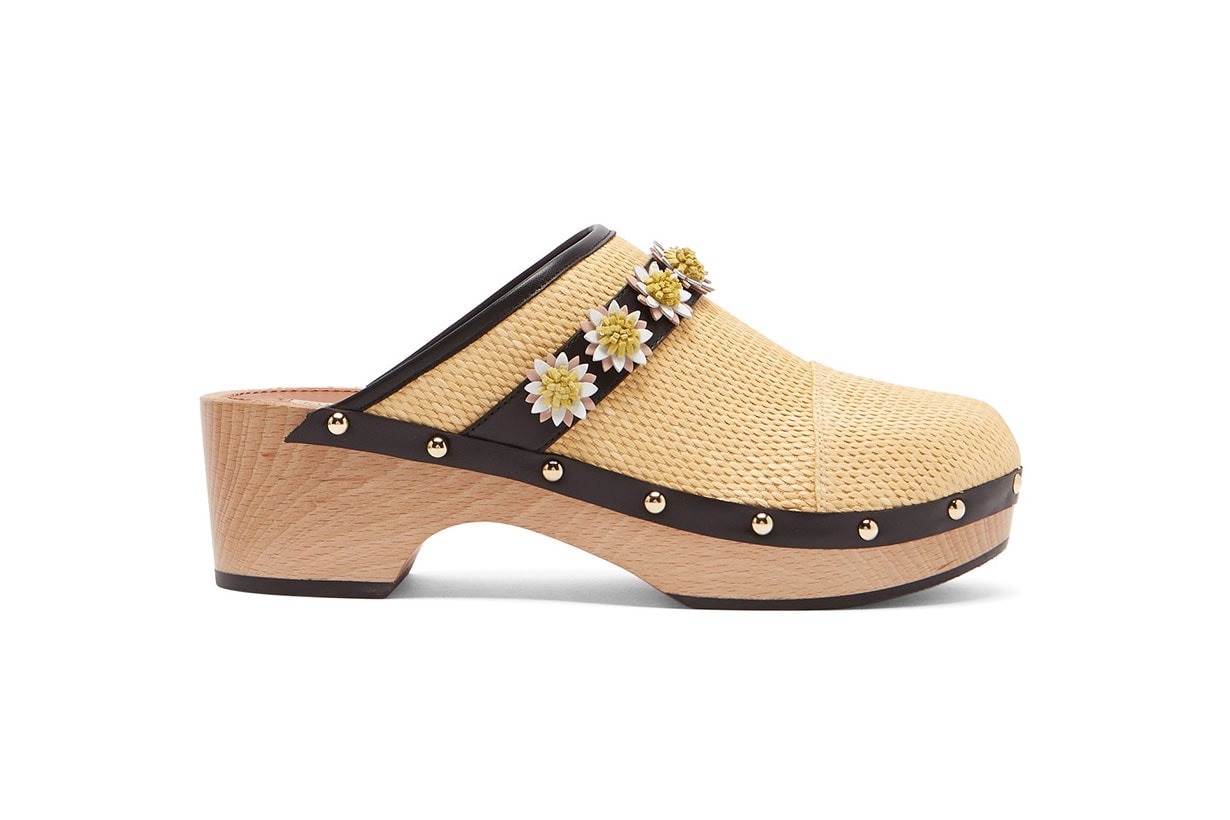 Jean floral appliqué leather clogs