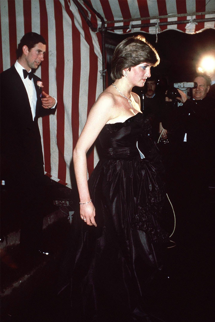 Lady Diana Spencer And Prince Charles At Goldsmiths Hall In London In March 1981 On Their First Evening Outing In Public. Black Taffeta Evening Dress Designed By Fashion Designers The Emanuels