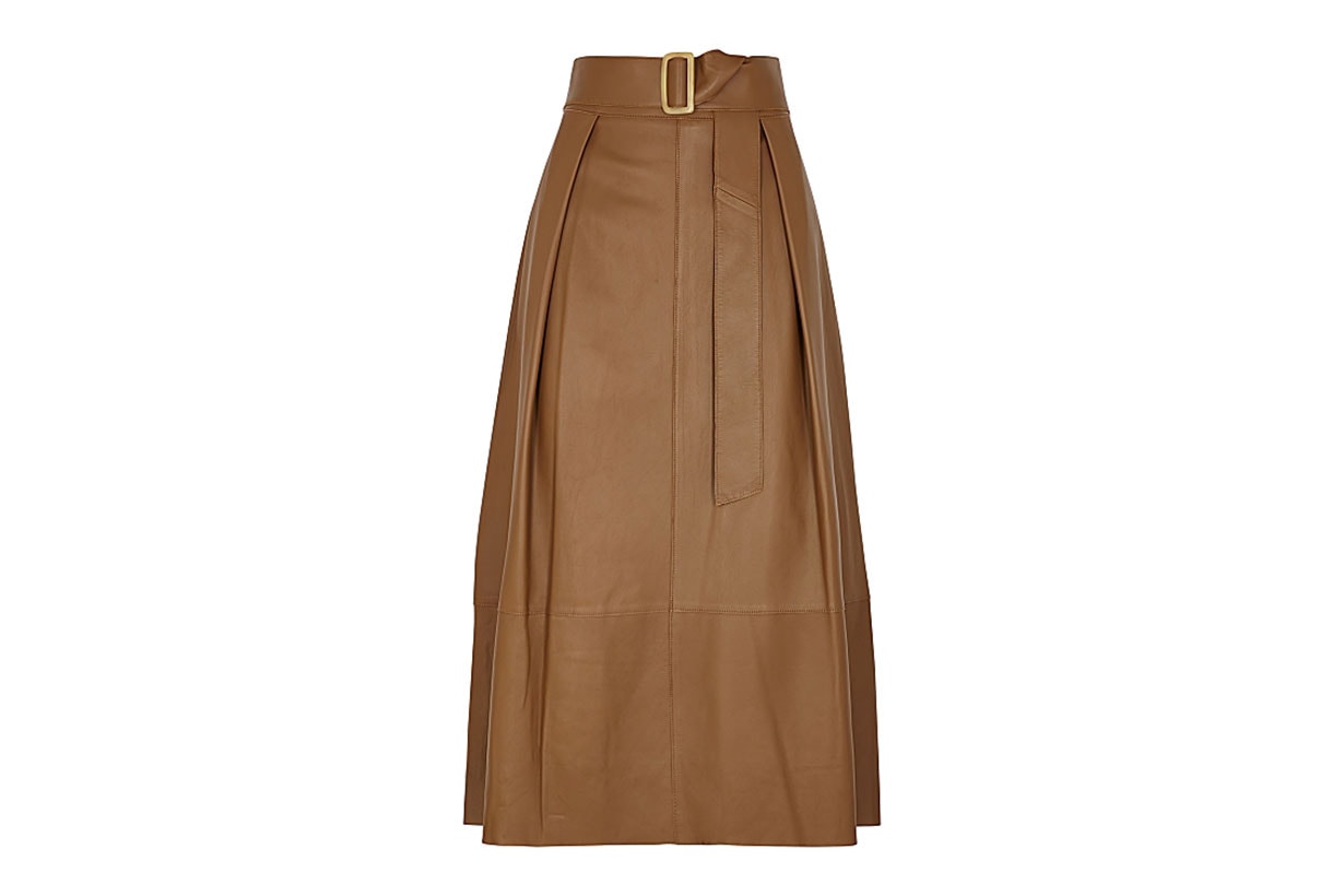 VINCE Brown belted leather midi skirt