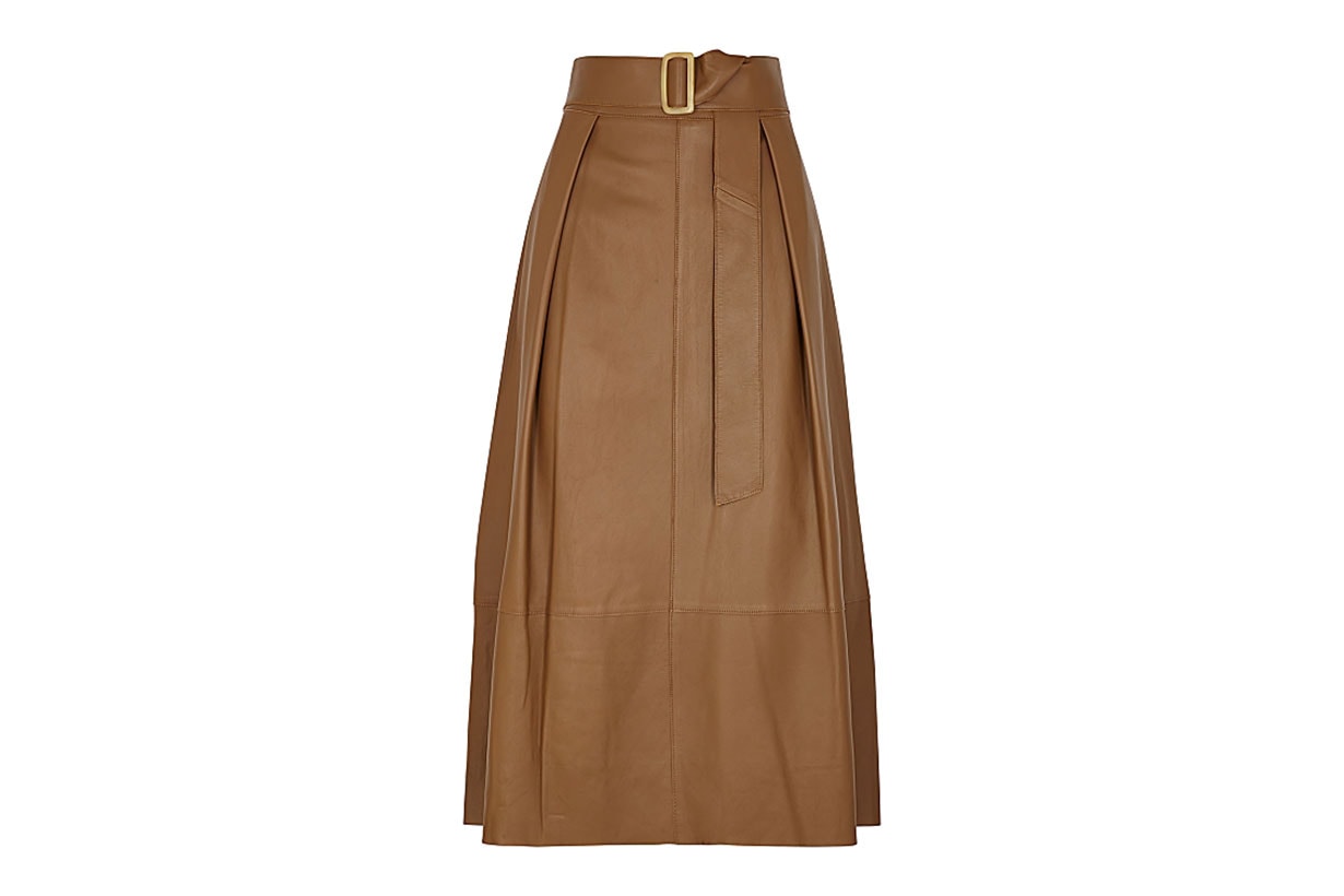 VINCE  Brown belted leather midi skirt