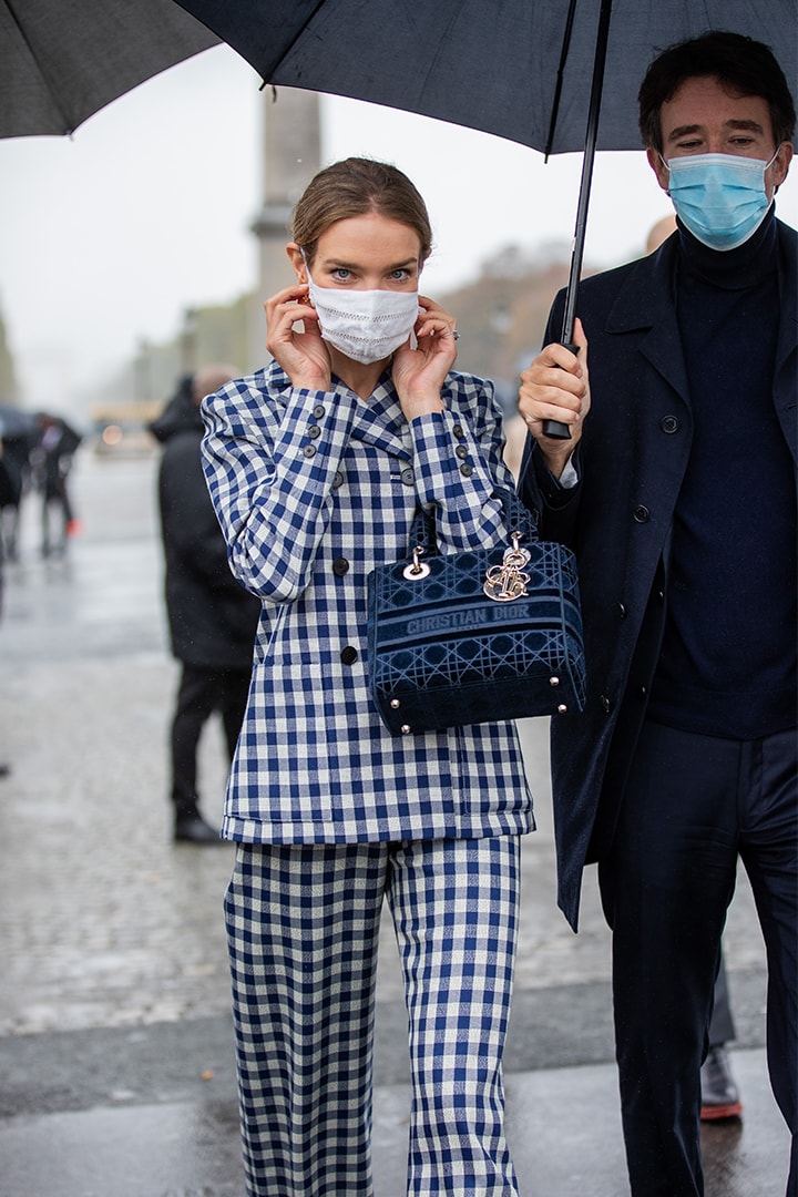 Natalia Vodianova is seen wearing checkered blazer and pants, bag outside Dior during Paris Fashion Week - Womenswear Spring Summer 2021 : Day Two on September 29, 2020 in Paris, France.