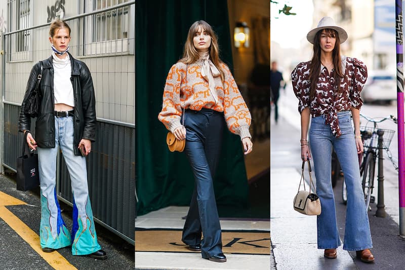 Mara Lafontan wears an oversized wool gray and orange pullover with puff sleeves and printed animals, a silk scarf, flared pants, a brown leather bag, black leather shoes, outside Paul & Joe, during Paris Fashion Week - Womenswear Spring Summer 2021 on October 05, 2020 in Paris, France.