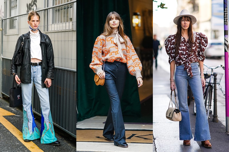 Mara Lafontan wears an oversized wool gray and orange pullover with puff sleeves and printed animals, a silk scarf, flared pants, a brown leather bag, black leather shoes, outside Paul & Joe, during Paris Fashion Week - Womenswear Spring Summer 2021 on October 05, 2020 in Paris, France.