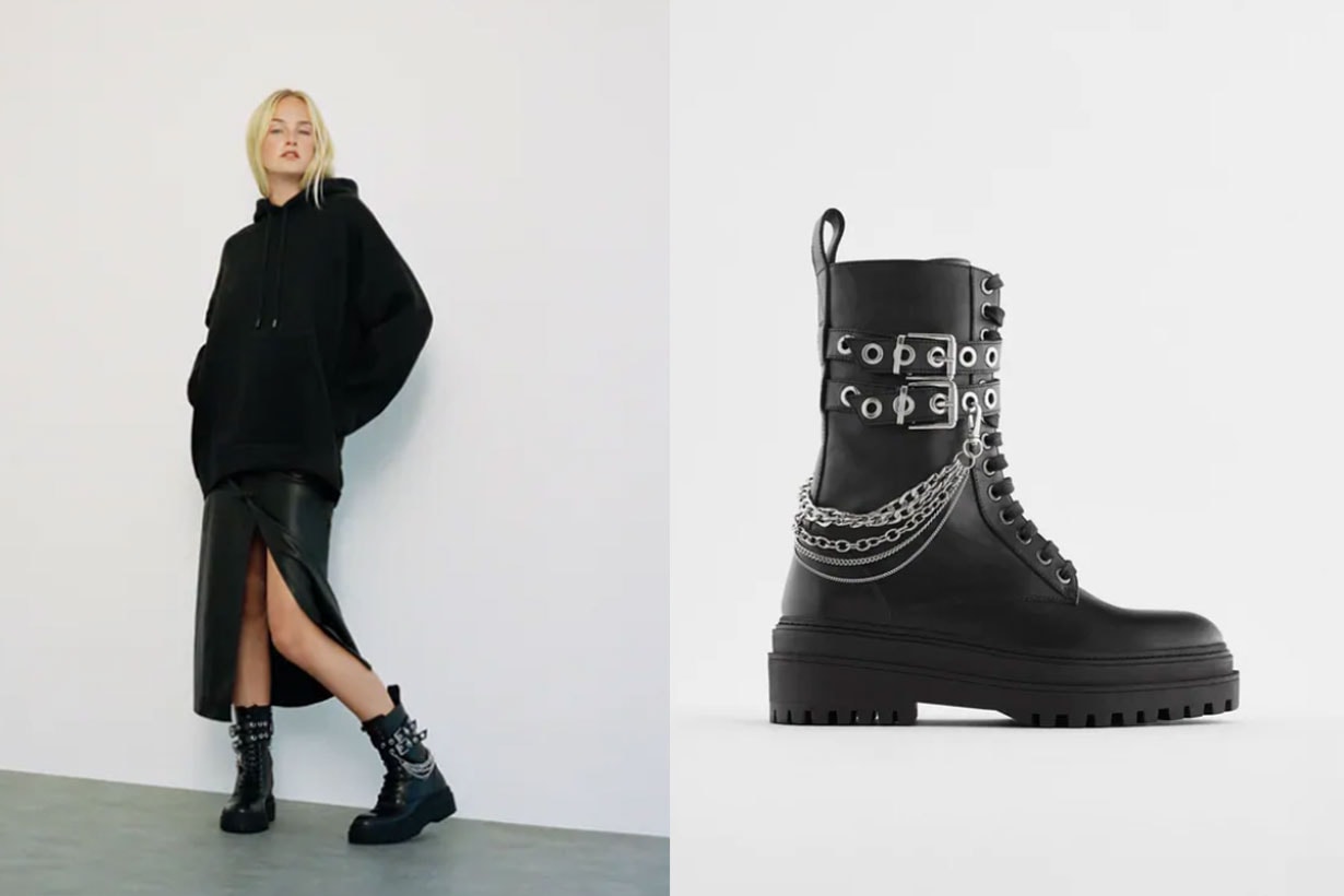 FLAT LEATHER LACE-UP ANKLE BOOTS WITH CHAINS