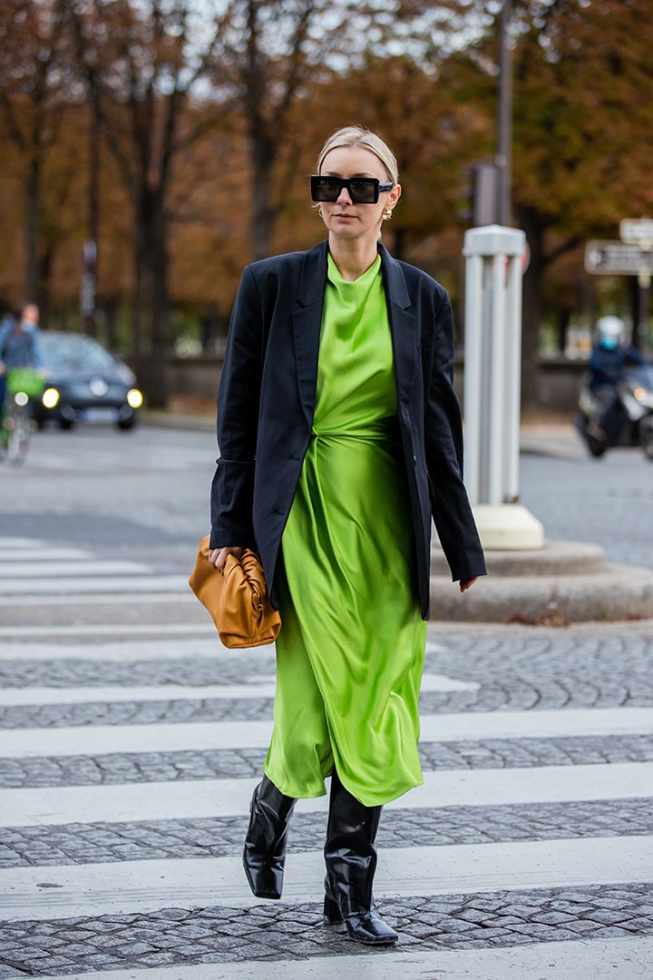 Justyna Czerniak seen wearing green dress, brown bag, black blazer outside Acne during Paris Fashion Week - Womenswear Spring Summer 2021 : Day Three seen on September 30, 2020 in Paris, France.