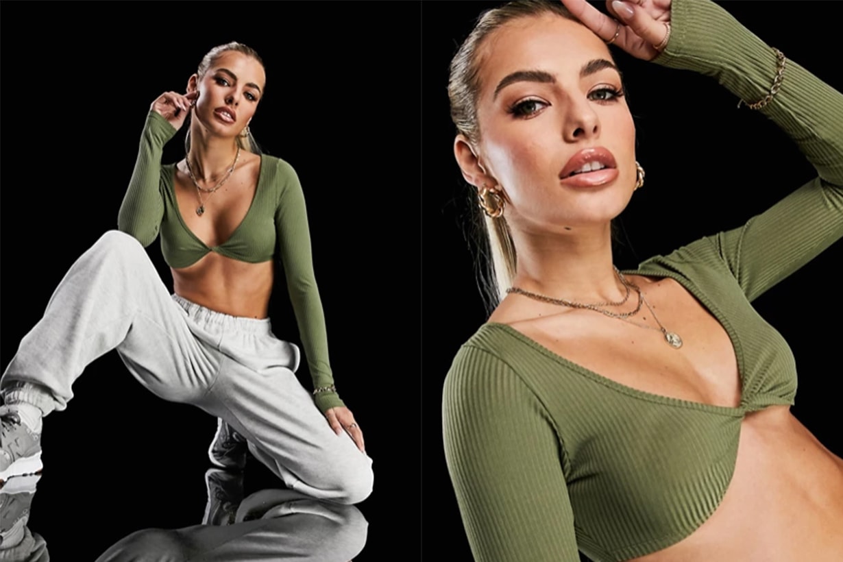 rib crop top with twist front in khaki