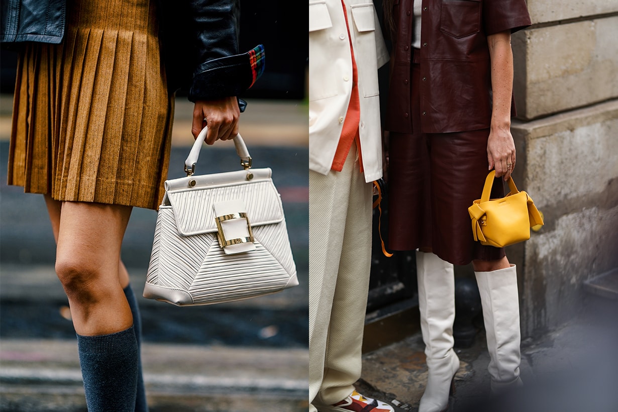 Natalia Verza wears a brown/orange pleated skirt, a black leather jacket, gray high socks, a white Roger Vivier bag, outside Paul & Joe, during Paris Fashion Week - Womenswear Spring Summer 2021 on October 05, 2020 in Paris, France.