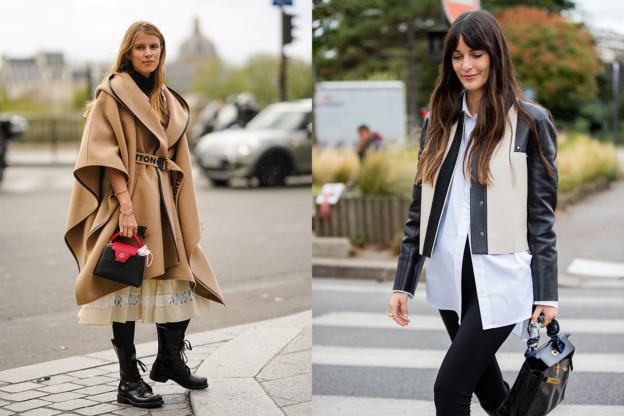 A guest is seen wearing two tone jacket, white button shirt, black Hermes bag, black boots outside Hermes during Paris Fashion Week - Womenswear Spring Summer 2021 : Day Six on October 03, 2020 in Paris, France.