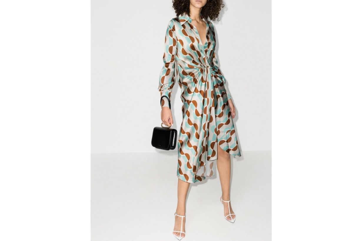 V-Neck Geometric Print Silk Midi Dress