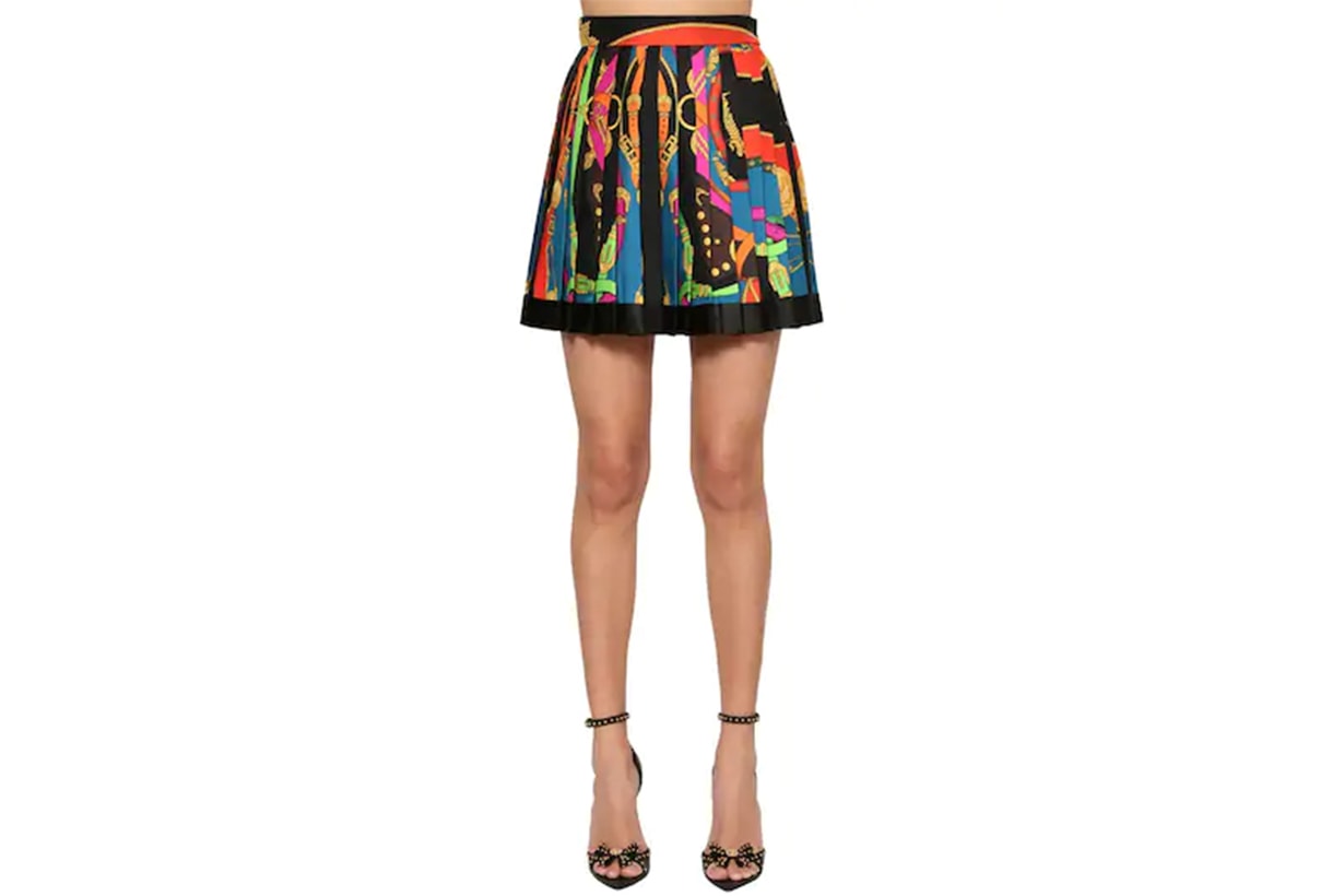 VERSACE PLEATED PRINT SILK TWILL MINI SKIRT