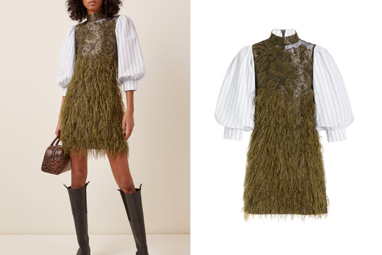 Ganni Feather-Embellished Jacquard-Paneled Cotton-Poplin Mini Dress