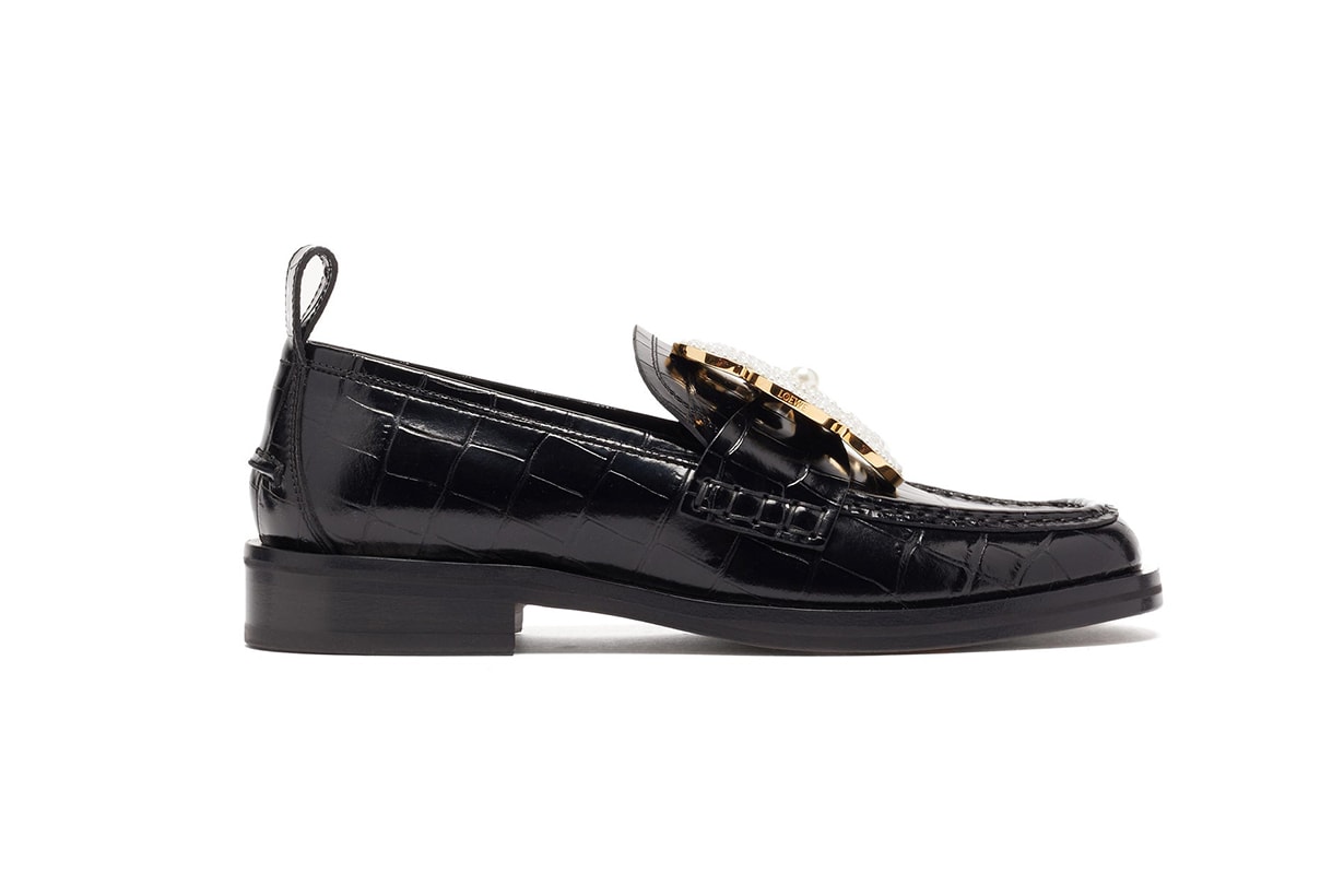 LOEWE Flower-brooch crocodile-effect leather loafers