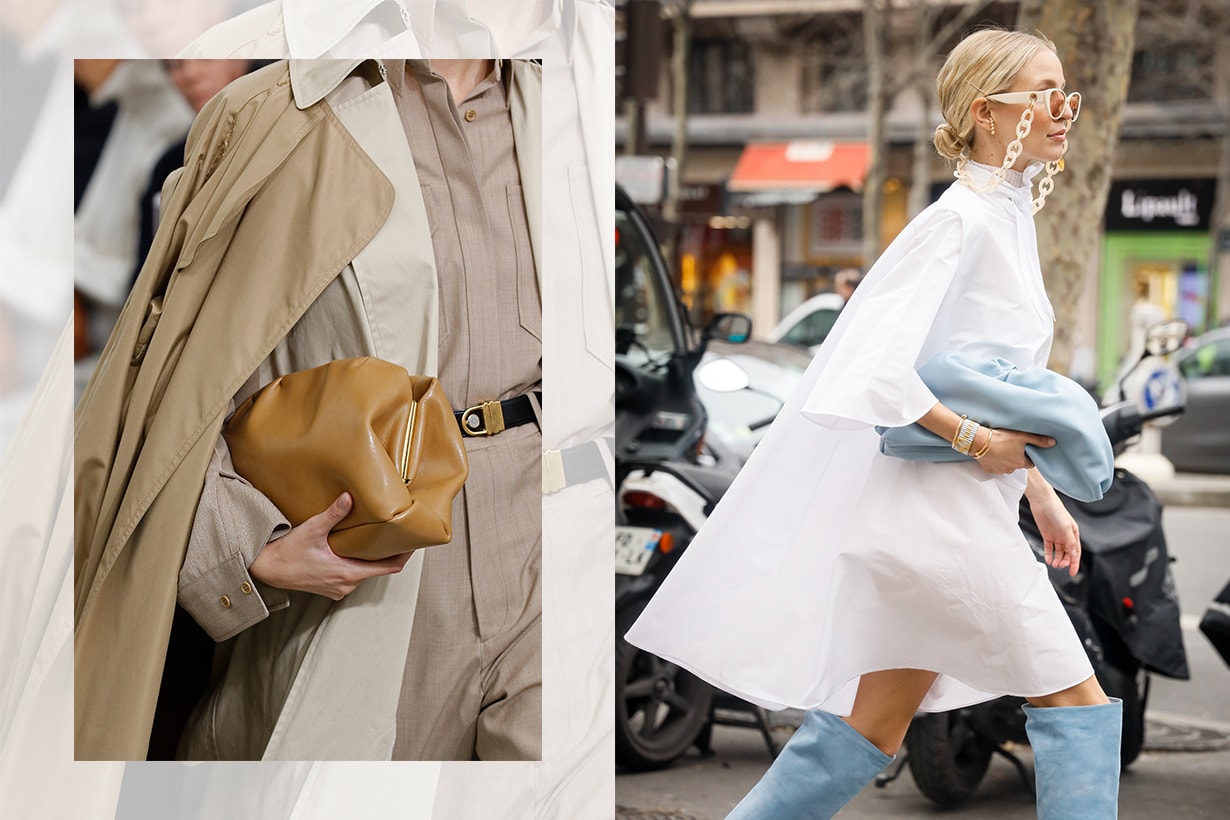 Bag Detail during the Celine show as part of the Paris Fashion Week Womenswear Spring/Summer 2018 on October 1, 2017 in Paris, France./Leonie Hanne wearing Ralph and Russo white dress, chain sunglasses, baby blue clutch and knee high boots outside the Ralph & Russo show during the Paris Fashion Week Womenswear Fall/Winter on February 28, 2020 in Paris, France. (Photo by Hanna Lassen/Getty Images)