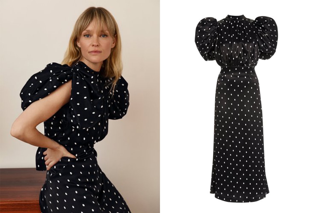 ROTATE Dawn Polka-Dot Satin Puff-Sleeve Midi Dress