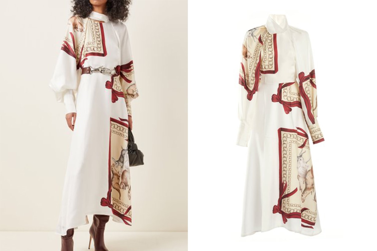 Victoria Beckham Printed Silk Draped-Sleeve Silk Shirt Dress