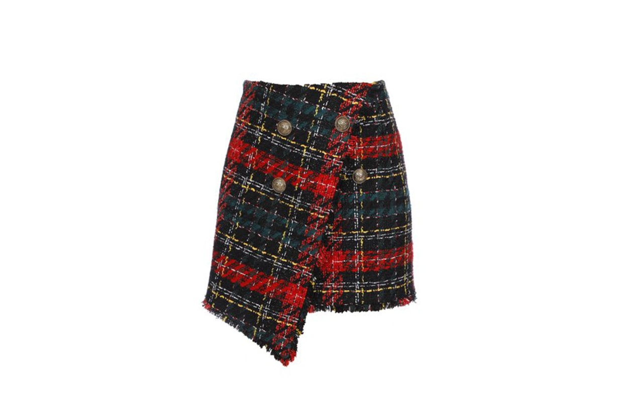 Balmain Asymmetric Tartan Tweed Skirt