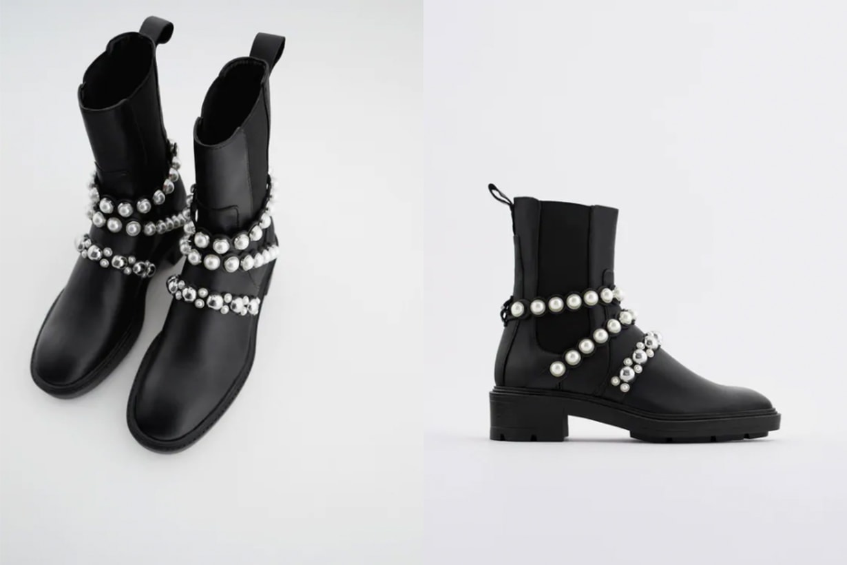 FLATFORM LEATHER ANKLE BOOTS WITH FAUX PEARL STRAPS