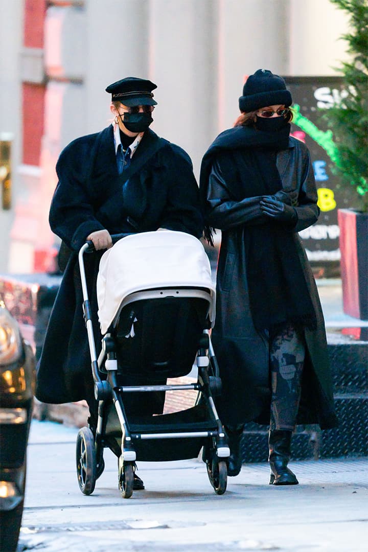 Gigi Hadid (L) and Bella Hadid are seen in SoHo on December 15, 2020 in New York City.