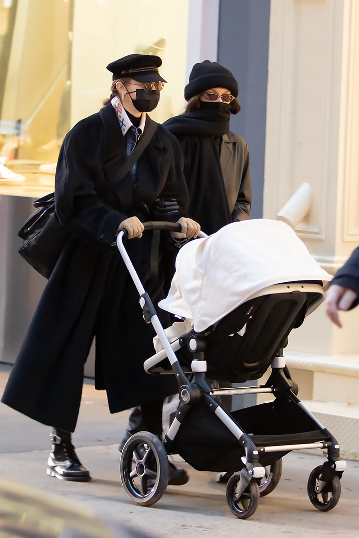 Gigi Hadid goes for a walk with her daughter and Bella Hadid on December 15, 2020 in New York City, New York.