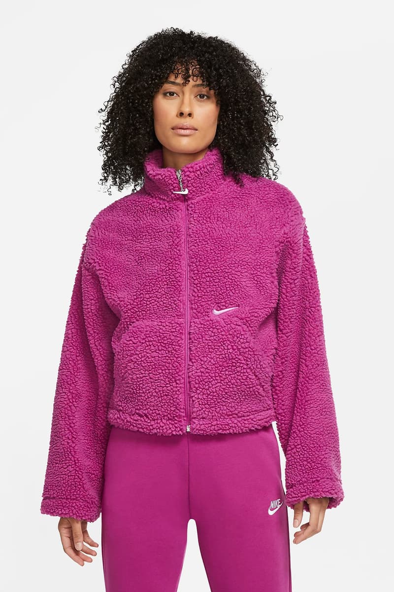 nike sportswear womens swoosh shearling fleece jacket outerwear pink white orange colorways 2020 fw