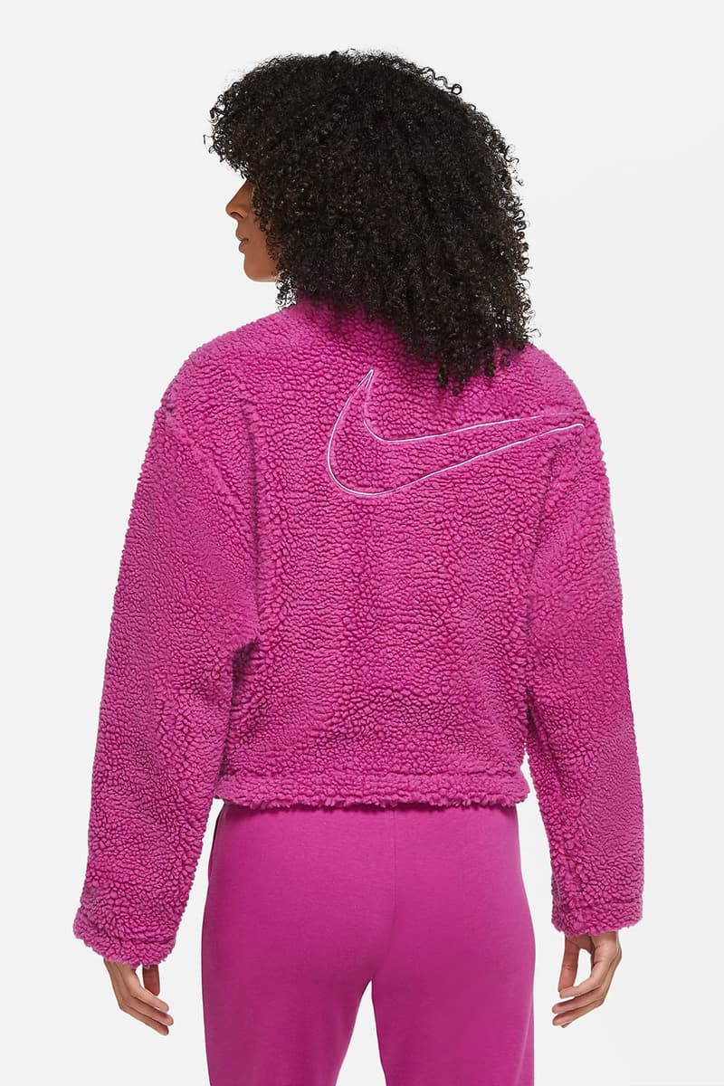 nike sportswear womens swoosh shearling fleece jacket outerwear pink white orange colorways 2020 fw