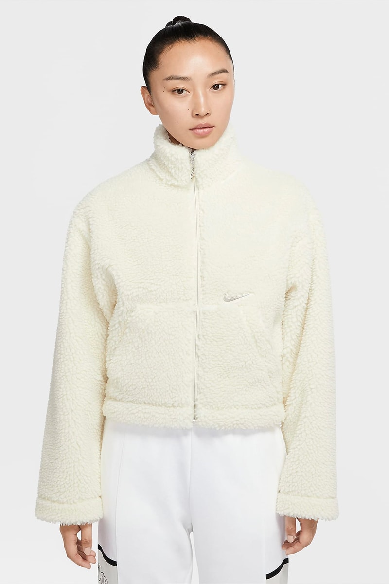 nike sportswear womens swoosh shearling fleece jacket outerwear pink white orange colorways 2020 fw