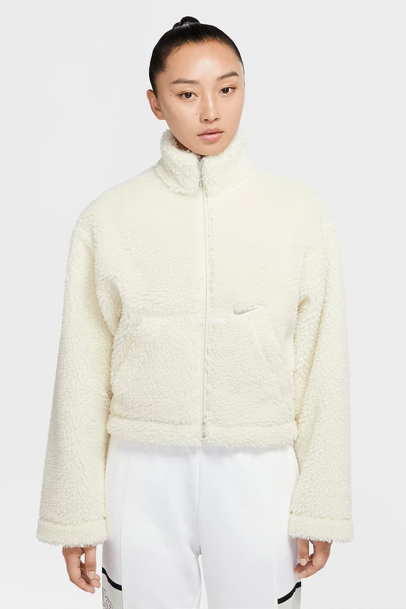 nike sportswear womens swoosh shearling fleece jacket outerwear pink white orange colorways 2020 fw
