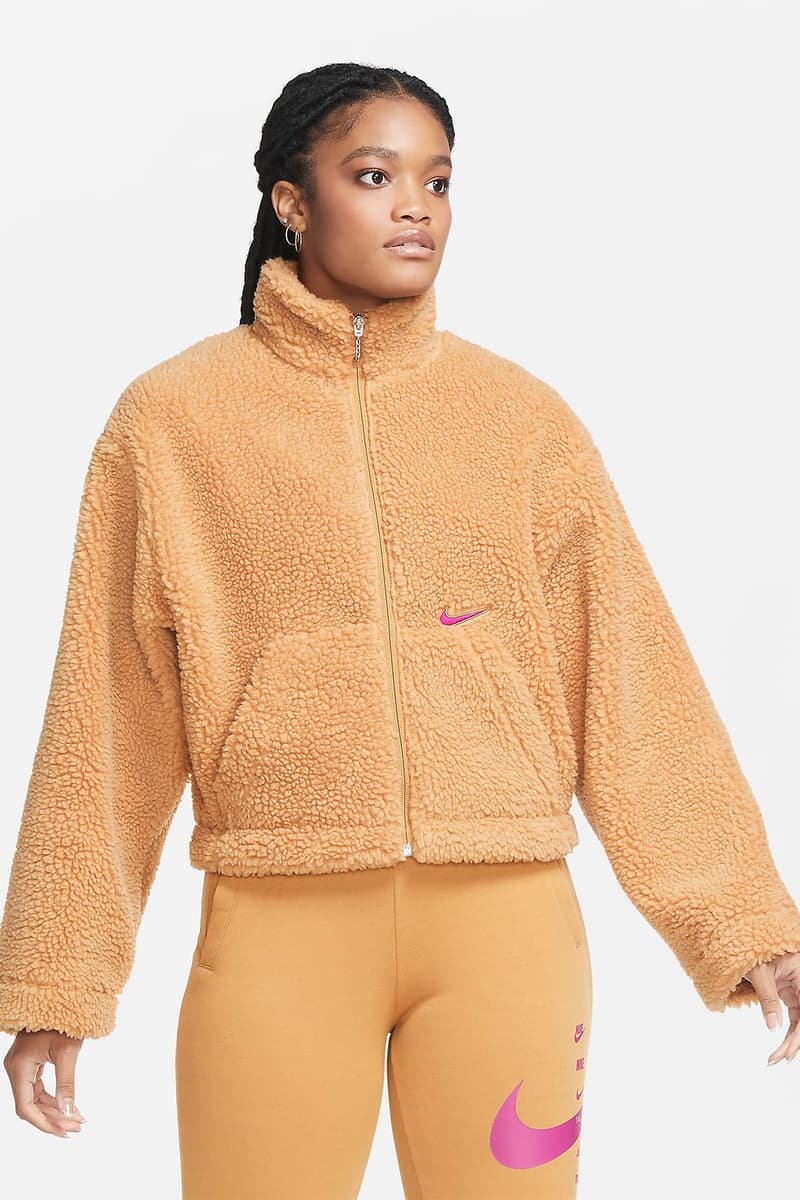 nike sportswear womens swoosh shearling fleece jacket outerwear pink white orange colorways 2020 fw