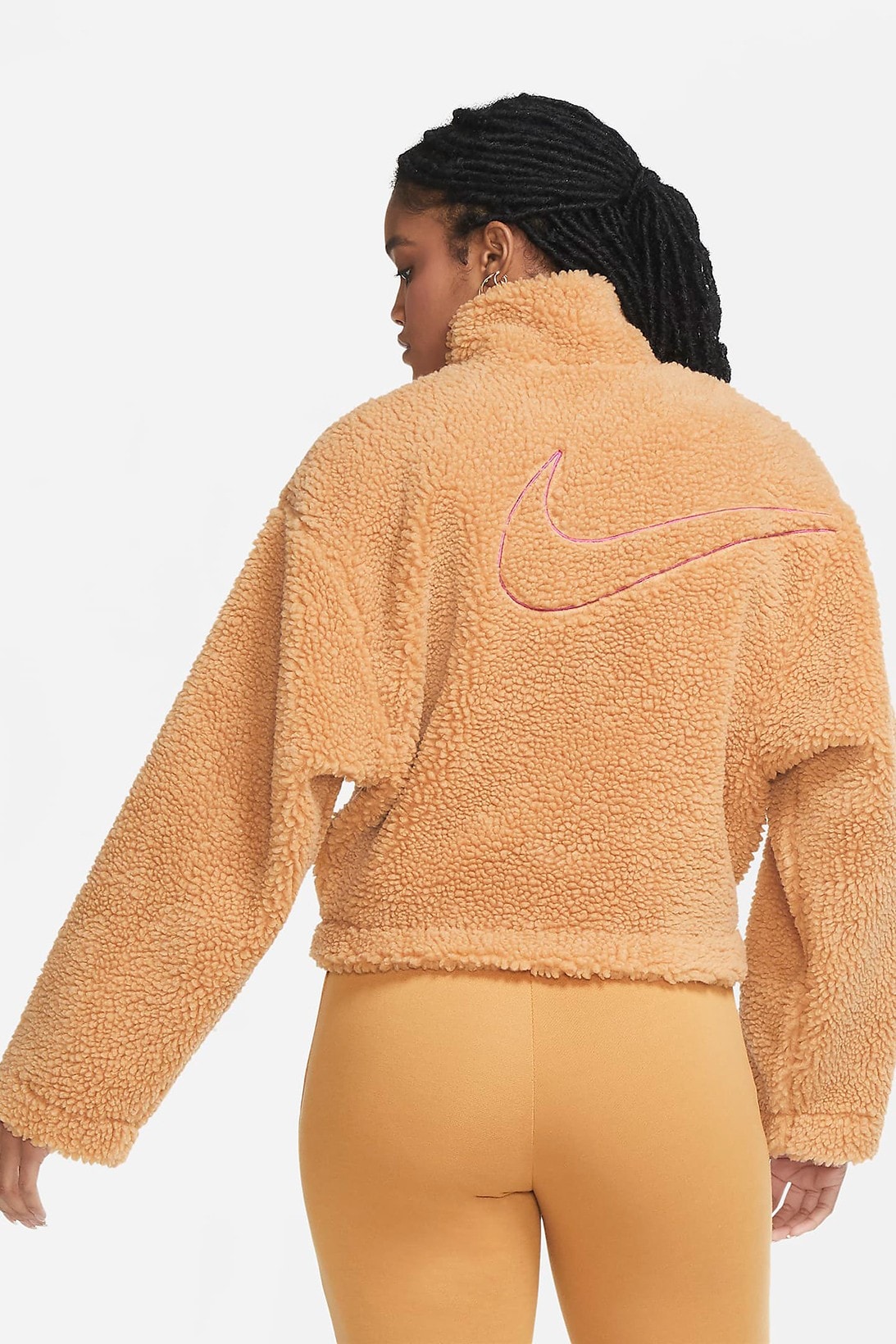 nike sportswear womens swoosh shearling fleece jacket outerwear pink white orange colorways 2020 fw