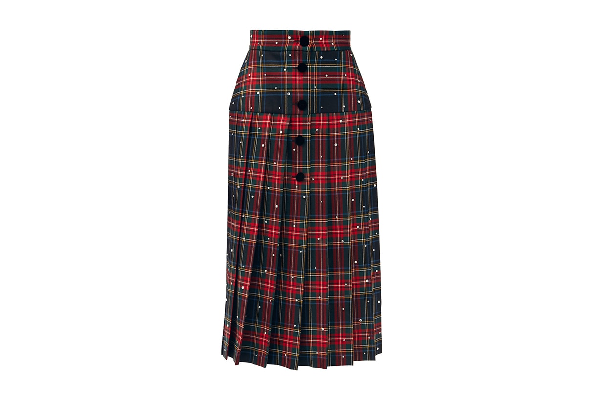 MIU MIU Crystal-embellished pleated wool tartan midi skirt