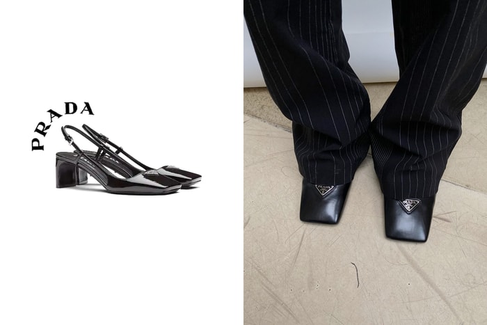 不能遺漏 Prada 後繫帶方頭鞋，褲腳下隱約露出剛好的優雅個性！