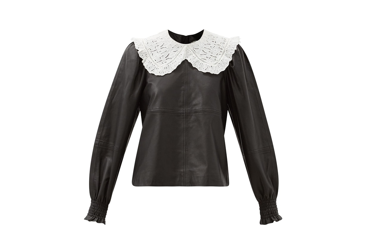 SEA Loretta broderie-anglaise collar leather blouse