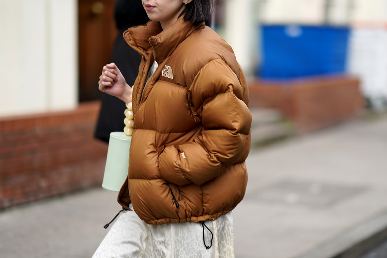 A guest wears a brown North Face puffer jacket, during London Fashion Week February 2020 on February 17, 2020 in London, England.