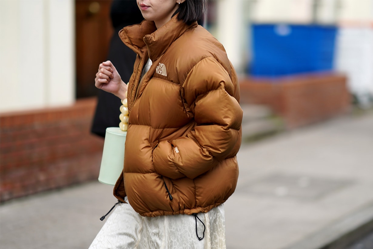 A guest wears a brown North Face puffer jacket, during London Fashion Week February 2020 on February 17, 2020 in London, England. 