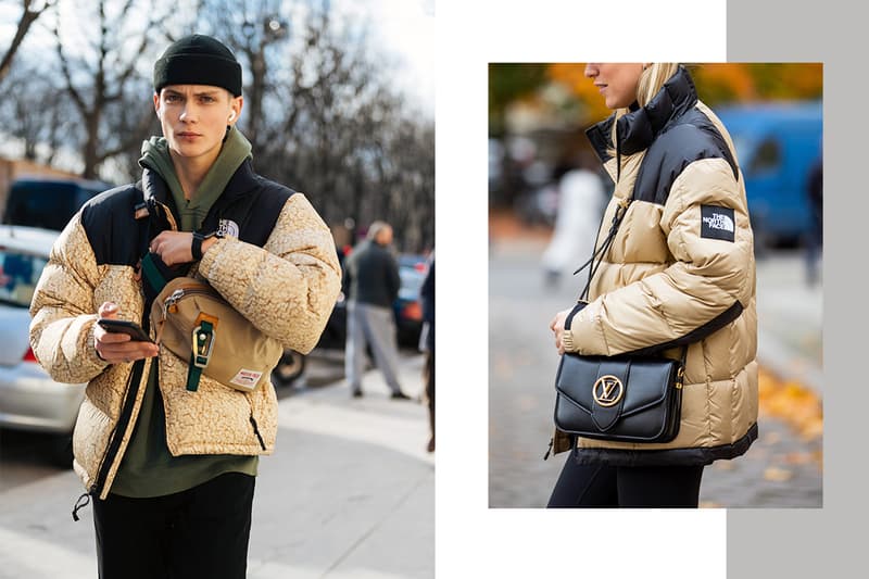 A model wears a black beanie, The North Face yellow/black jacket, Master-Piece bag, and black jeans after the Sacai show on January 18, 2020 in Paris, France.