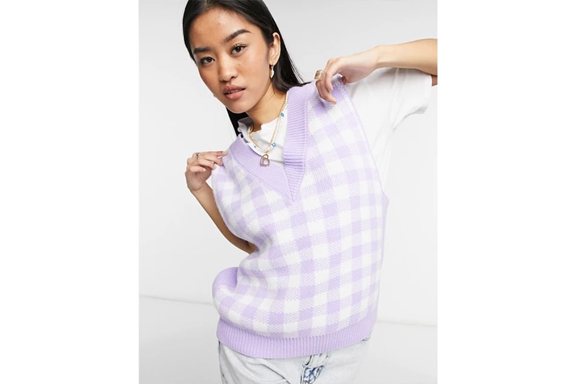 knitted tank in gingham pattern in lilac