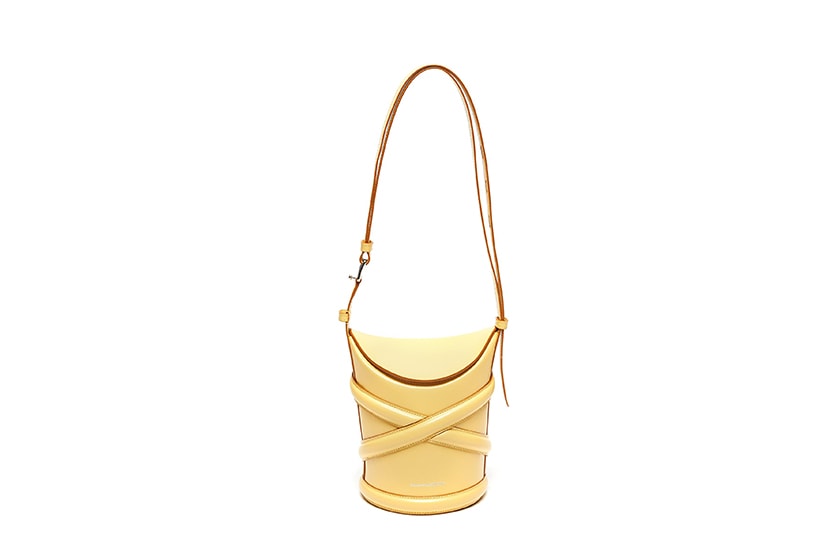 THE CURVE CRISSCROSS DETAIL SMALL LEATHER BUCKET TOTE width=