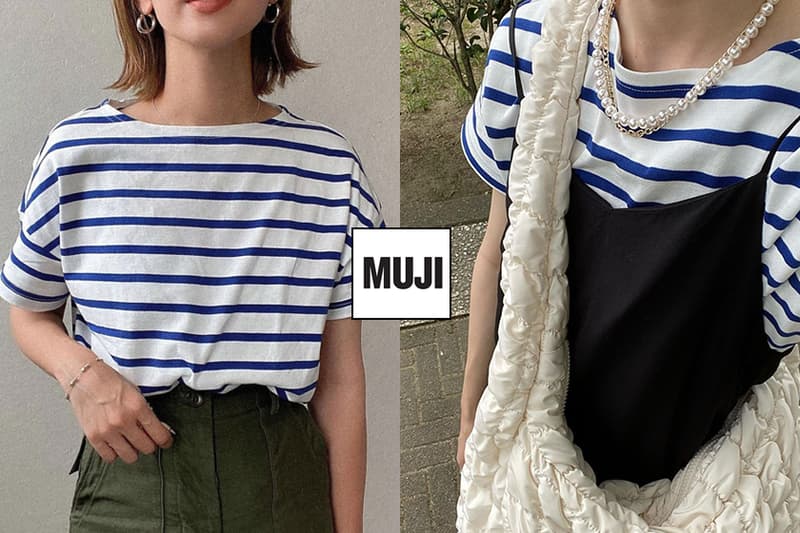 muji Thick count Tenjiku knitting boat neck T-shirt Ladies blue pattern 2021ss