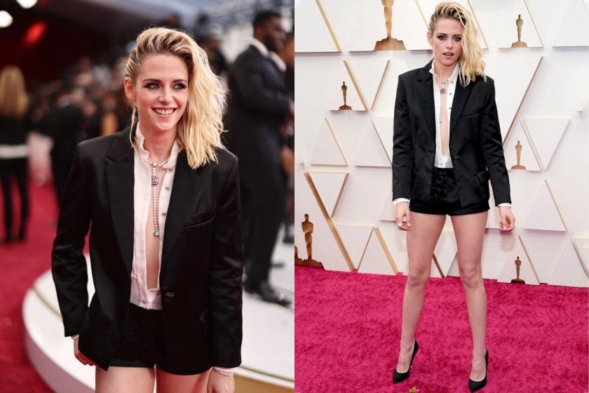 Kristen Stewart oscars moment chanel first suits loafer kiss fiance Dylan behind the scenes