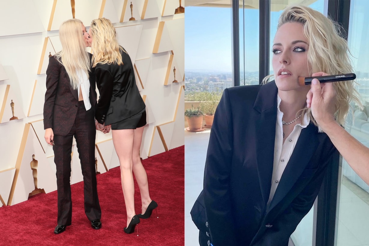 Kristen Stewart oscars moment chanel first suits loafer kiss fiance Dylan behind the scenes