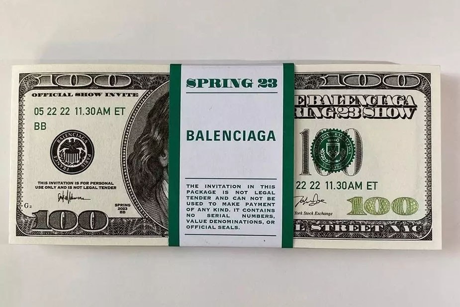 balenciaga spring 2023 faux cash hundred dollar bill invitation