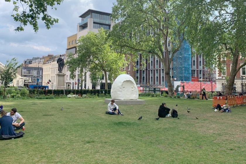 Yoshitomo Nara peace head london brass sculpture behind process Hanover Square