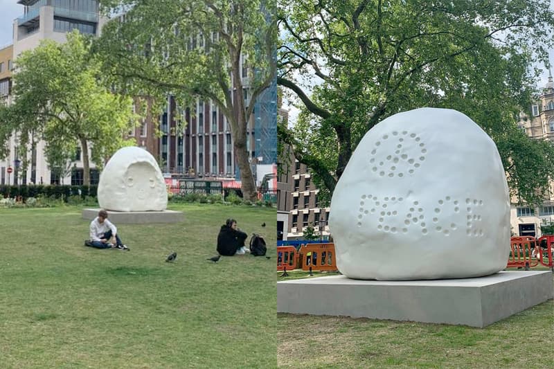 Yoshitomo Nara peace head london brass sculpture behind process Hanover Square