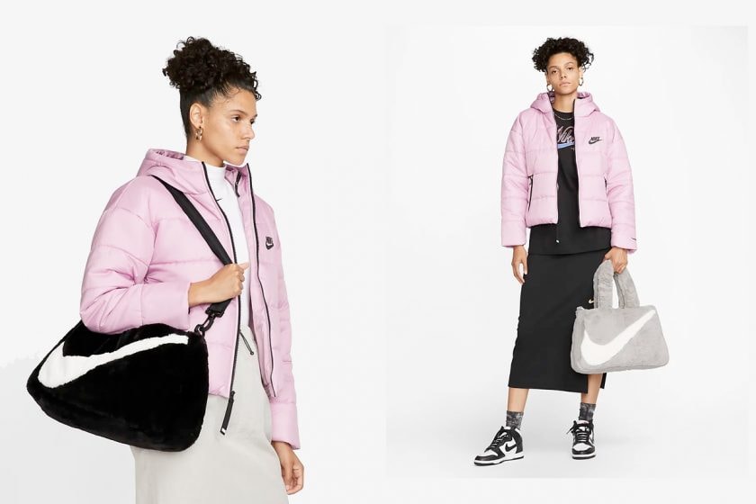 nike faux fur handbag swoosh logo 2 ways