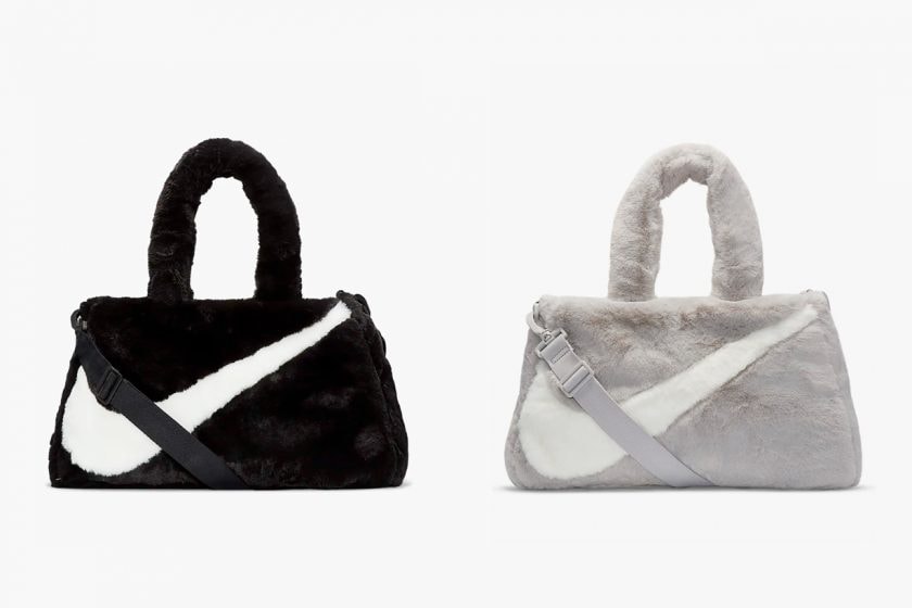 nike faux fur handbag swoosh logo 2 ways